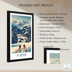 St. Anton Wall Art Ski Poster framed print showcasing snowy mountains and ski resort.