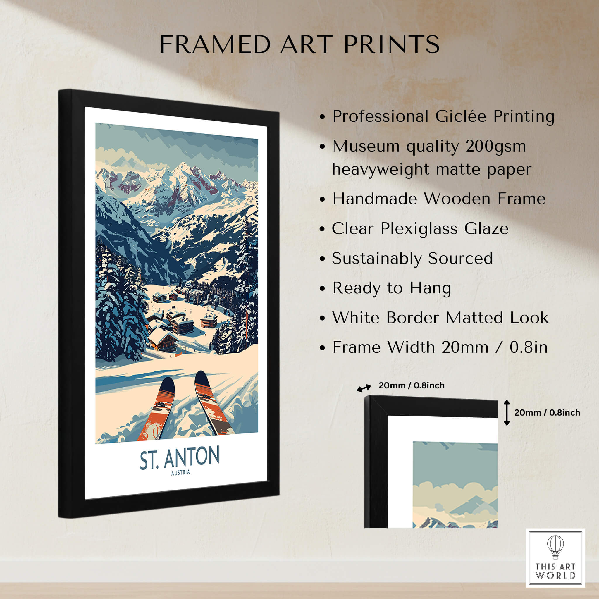 St. Anton Wall Art Ski Poster framed print showcasing snowy mountains and ski resort.