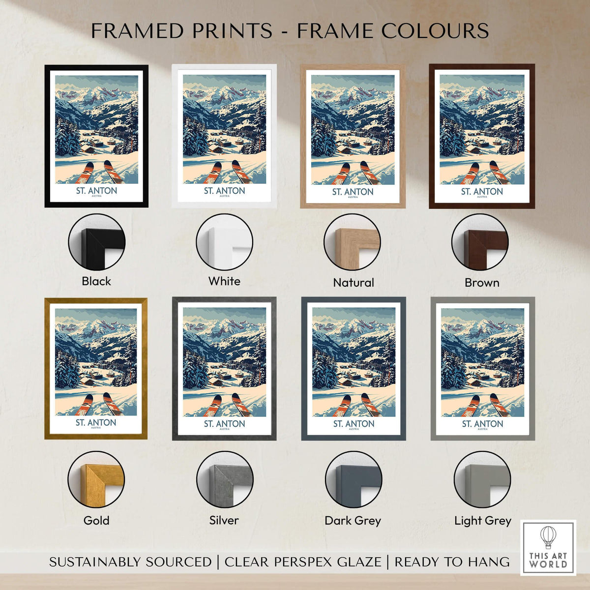Various framed St. Anton Wall Art Ski Posters in different frame colors and materials, ready to hang.