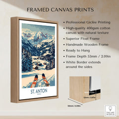 St. Anton Wall Art Ski Poster showcasing framed canvas prints with mountains and skis in a scenic landscape.
