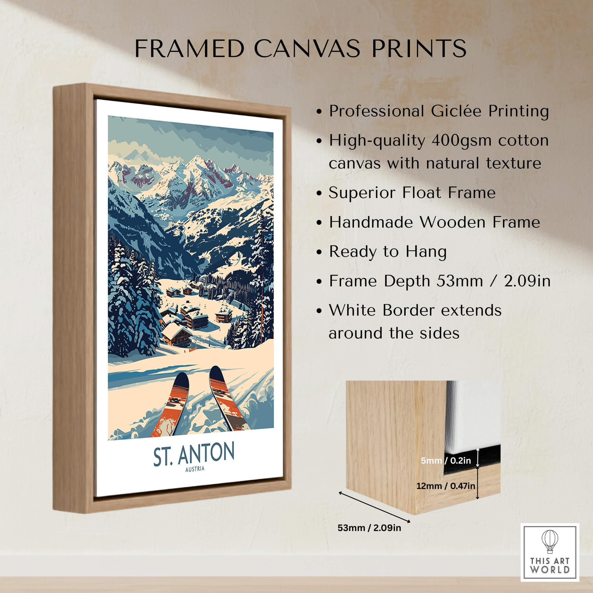 St. Anton Wall Art Ski Poster showcasing framed canvas prints with mountains and skis in a scenic landscape.