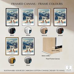Framed canvas options for St. Anton Wall Art Ski Poster in various colors including black, white, natural, brown, gold, and silver.