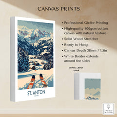 St. Anton Wall Art Ski Poster showcasing a stunning ski scene with mountains and skis, perfect for skiing enthusiasts.