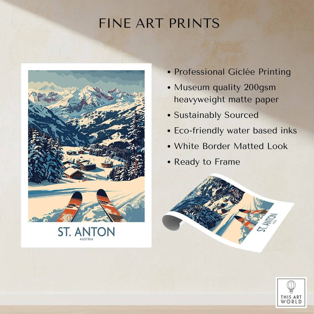 St. Anton Wall Art Ski Poster showcasing professional Giclée printing and stunning ski resort scenery.