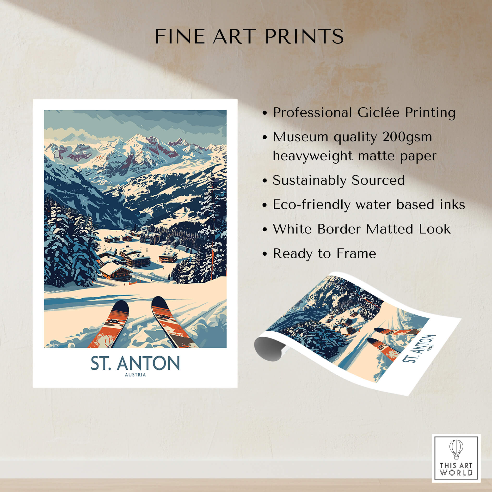 St. Anton Wall Art Ski Poster showcasing professional Giclée printing and stunning ski resort scenery.