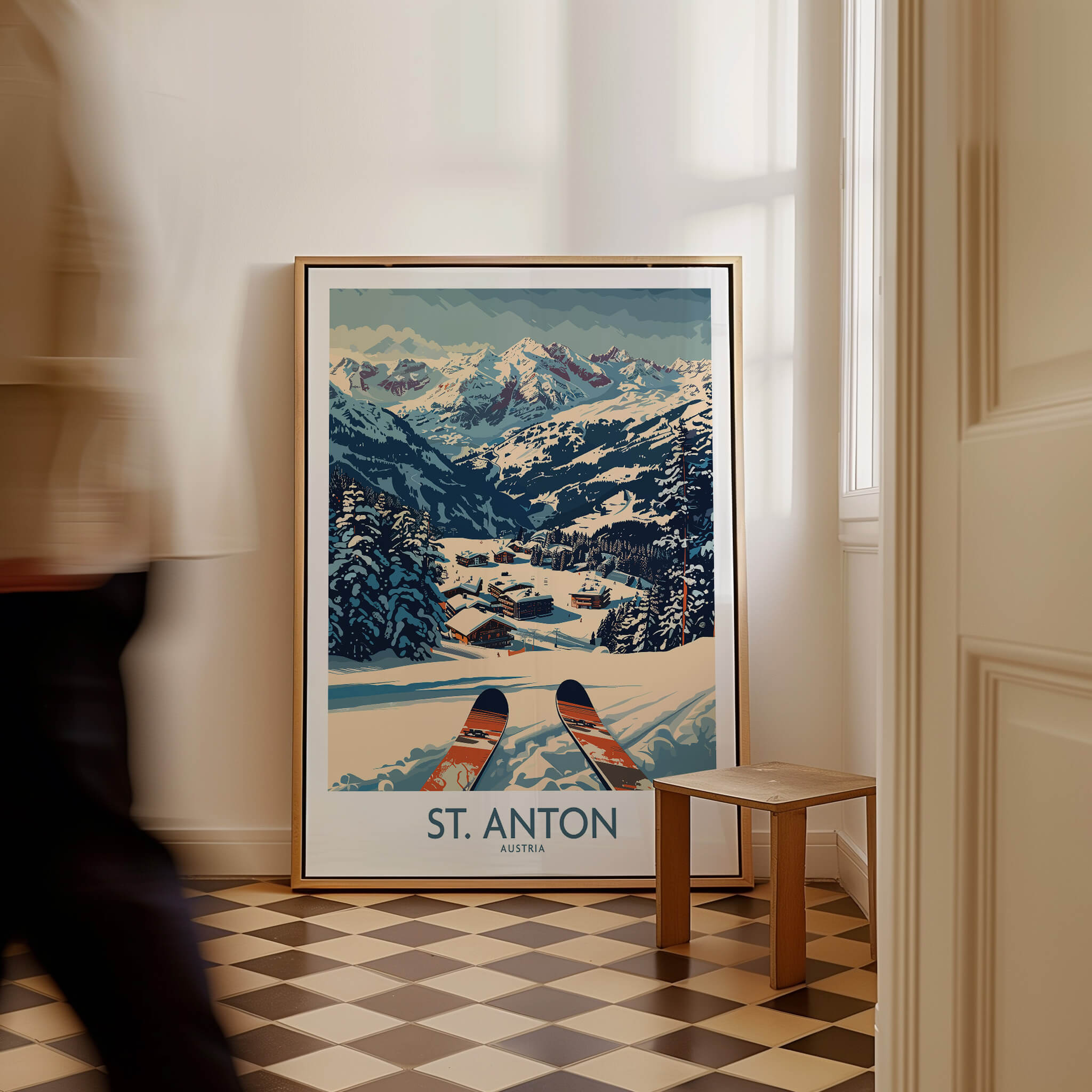 St. Anton Wall Art Ski Poster displayed in a stylish room, capturing the beauty of skiing in St. Anton, Austria.