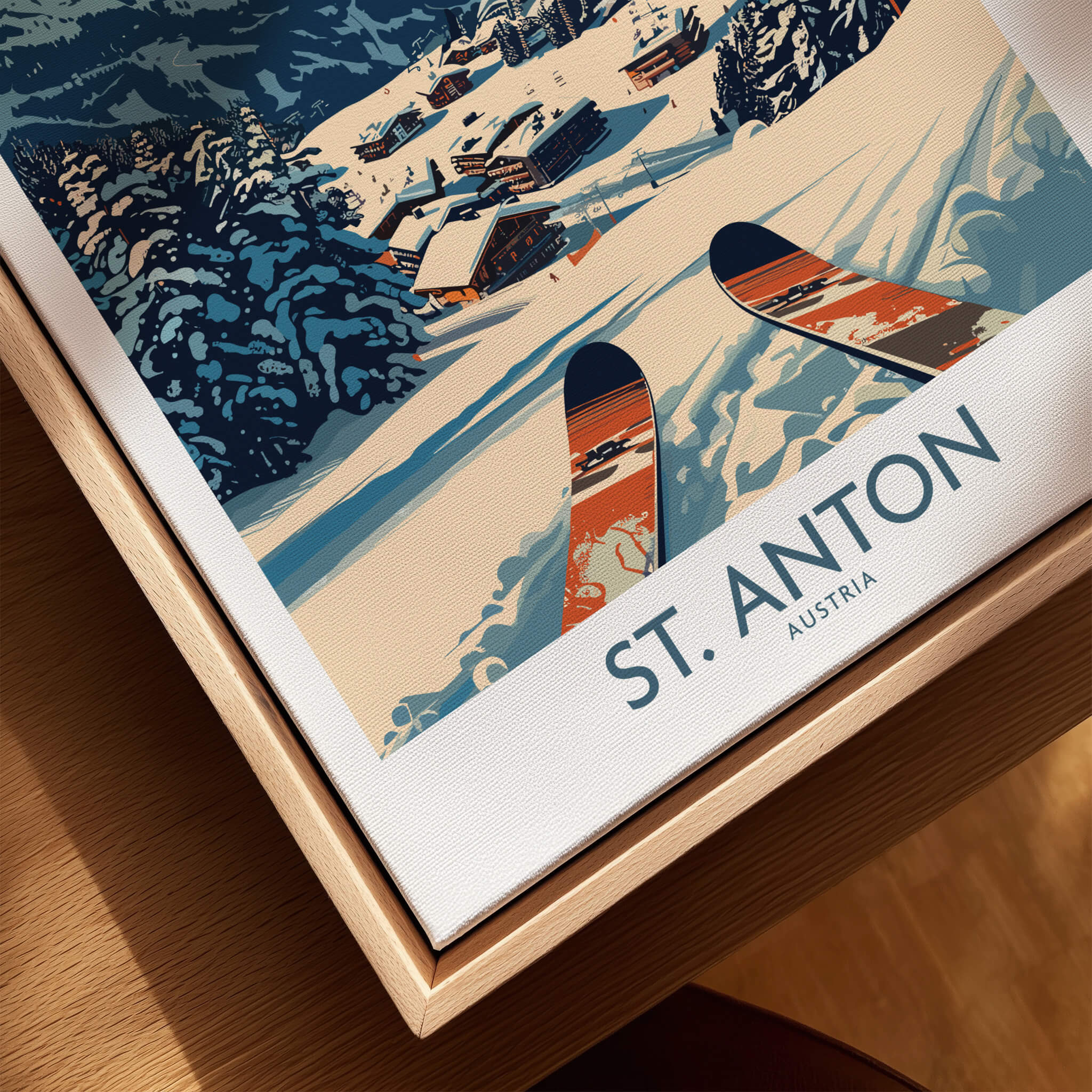 St. Anton Wall Art Ski Poster featuring skis and a snowy landscape with charming alpine houses.