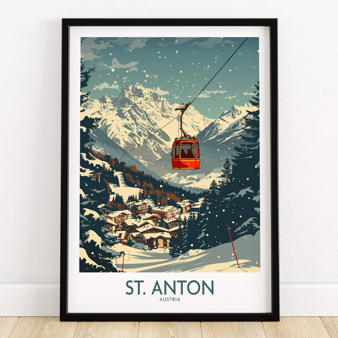 St. Anton Wall Art Ski Poster featuring a ski gondola and stunning mountain scenery in Austria.