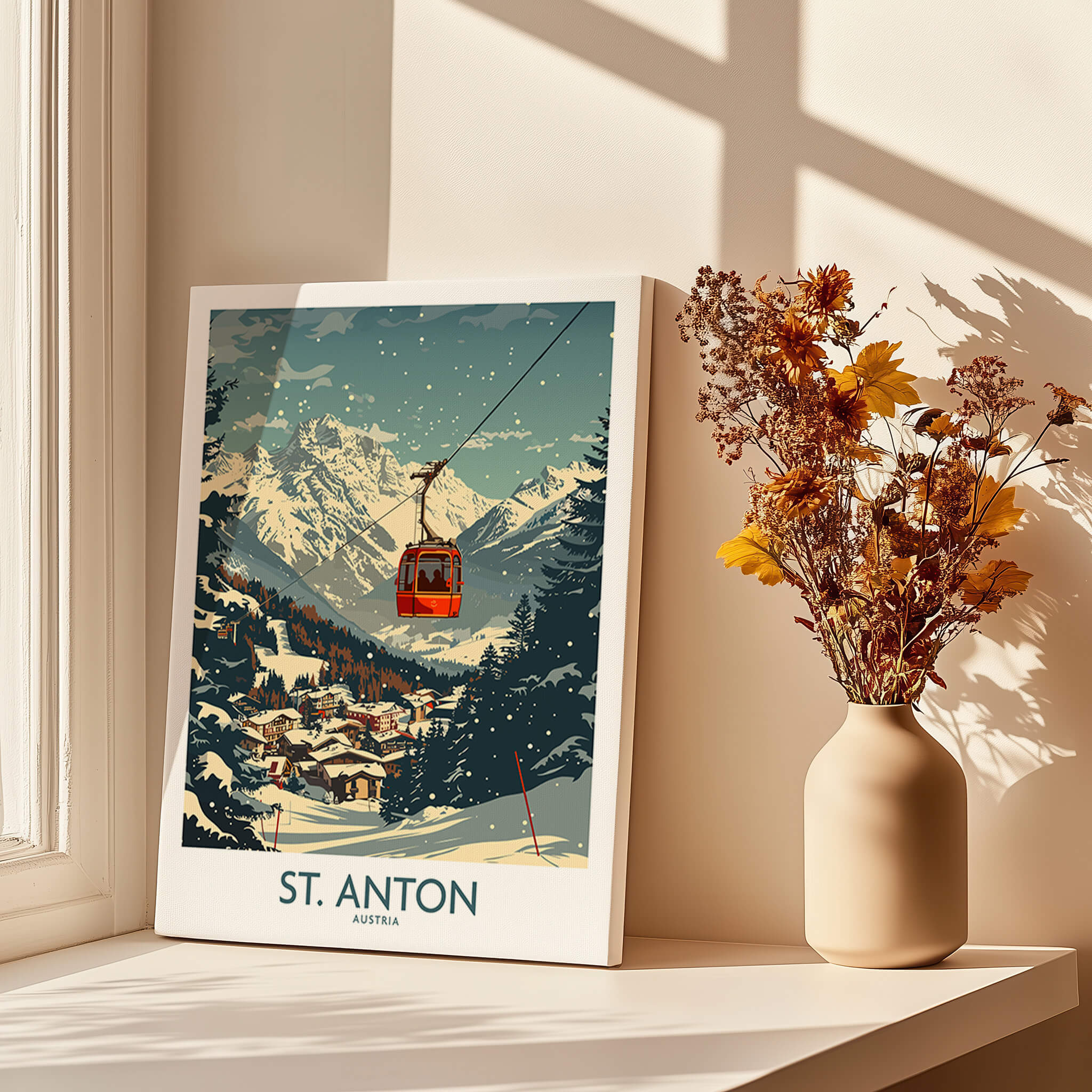 St. Anton Wall Art Ski Poster featuring a ski lift in a picturesque alpine setting with mountains and village.