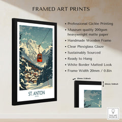St. Anton Wall Art Ski Poster framed art print featuring a gondola and mountain scenery, perfect for ski enthusiasts.