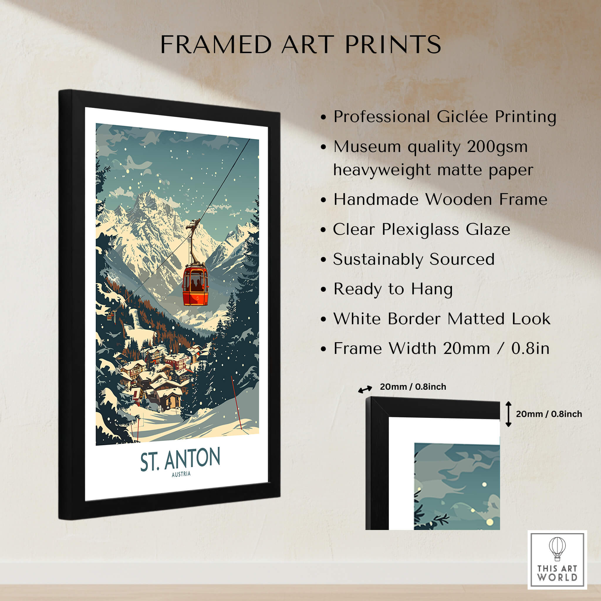 St. Anton Wall Art Ski Poster framed art print featuring a gondola and mountain scenery, perfect for ski enthusiasts.