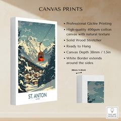 St. Anton Wall Art Ski Poster with a ski gondola, mountains, and charming village design, perfect for ski enthusiasts.