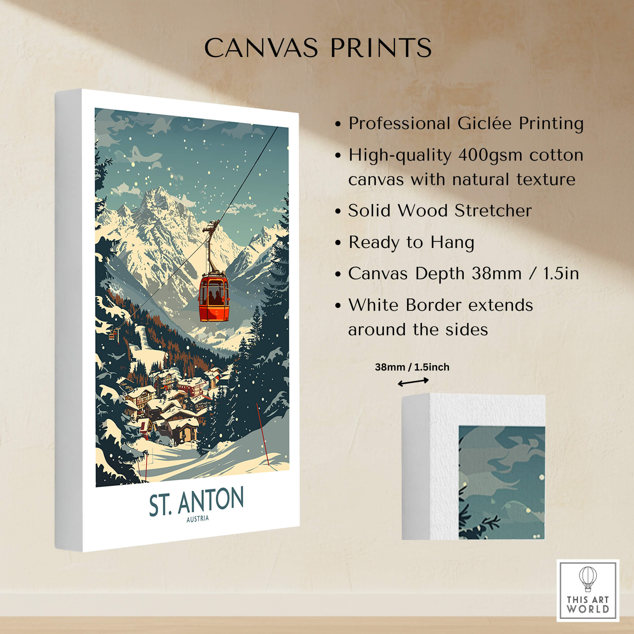 St. Anton Wall Art Ski Poster with a ski gondola, mountains, and charming village design, perfect for ski enthusiasts.