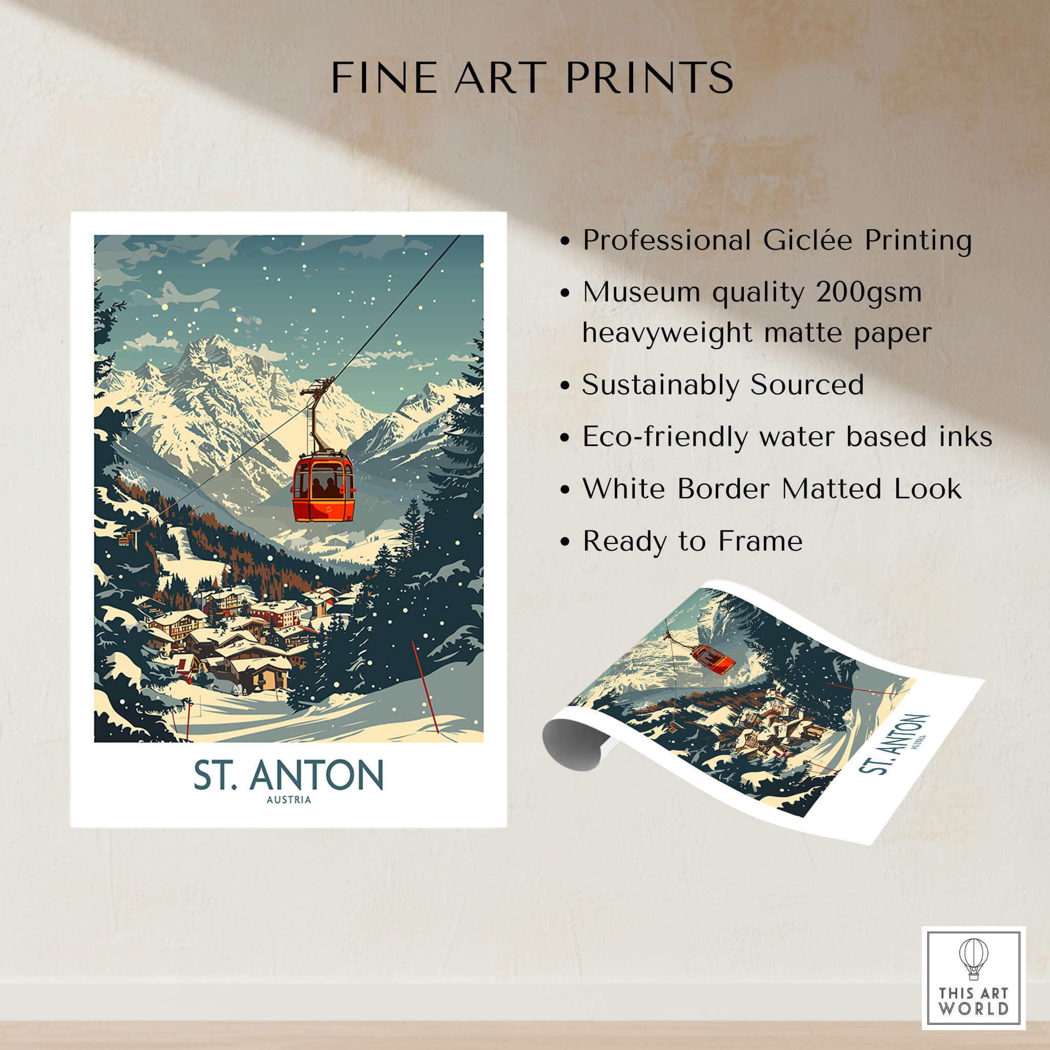 St. Anton Wall Art Ski Poster showcasing professional Giclée printing and stunning mountain scenery.