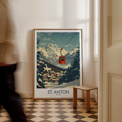 St. Anton Wall Art Ski Poster featuring a ski gondola and snowy mountains, perfect for decor in ski enthusiast spaces.
