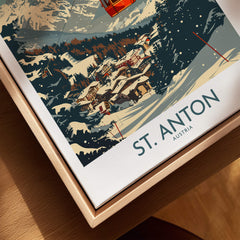 St. Anton Wall Art Ski Poster featuring a vibrant illustration of the St. Anton ski resort in Austria.