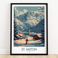 St. Anton Poster Austria showcasing stunning ski landscape with mountains and village in winter snow.