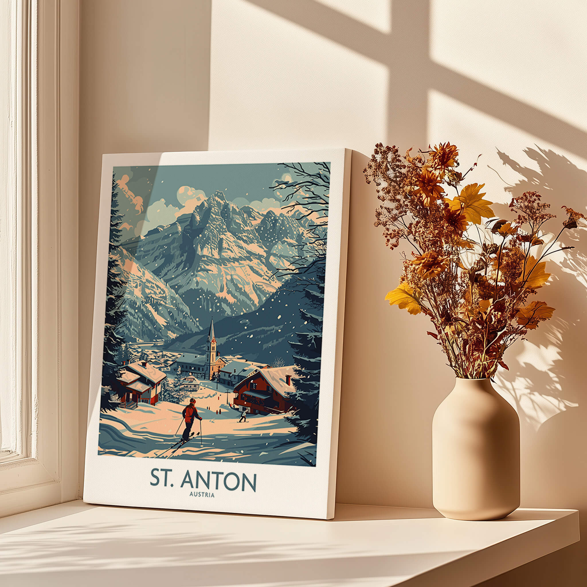 St. Anton Poster Austria displayed in a sunlit room, showcasing the beautiful ski landscape of St. Anton, Austria.