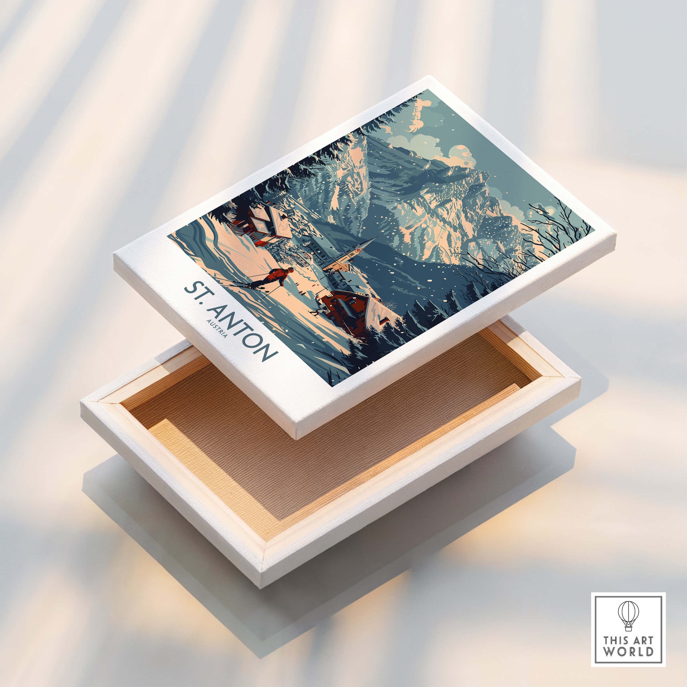 St. Anton Poster Austria displayed on an open box showcasing the stunning ski landscape of St. Anton.