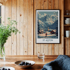 St. Anton Poster Austria showcasing a picturesque ski landscape in a cozy home setting.