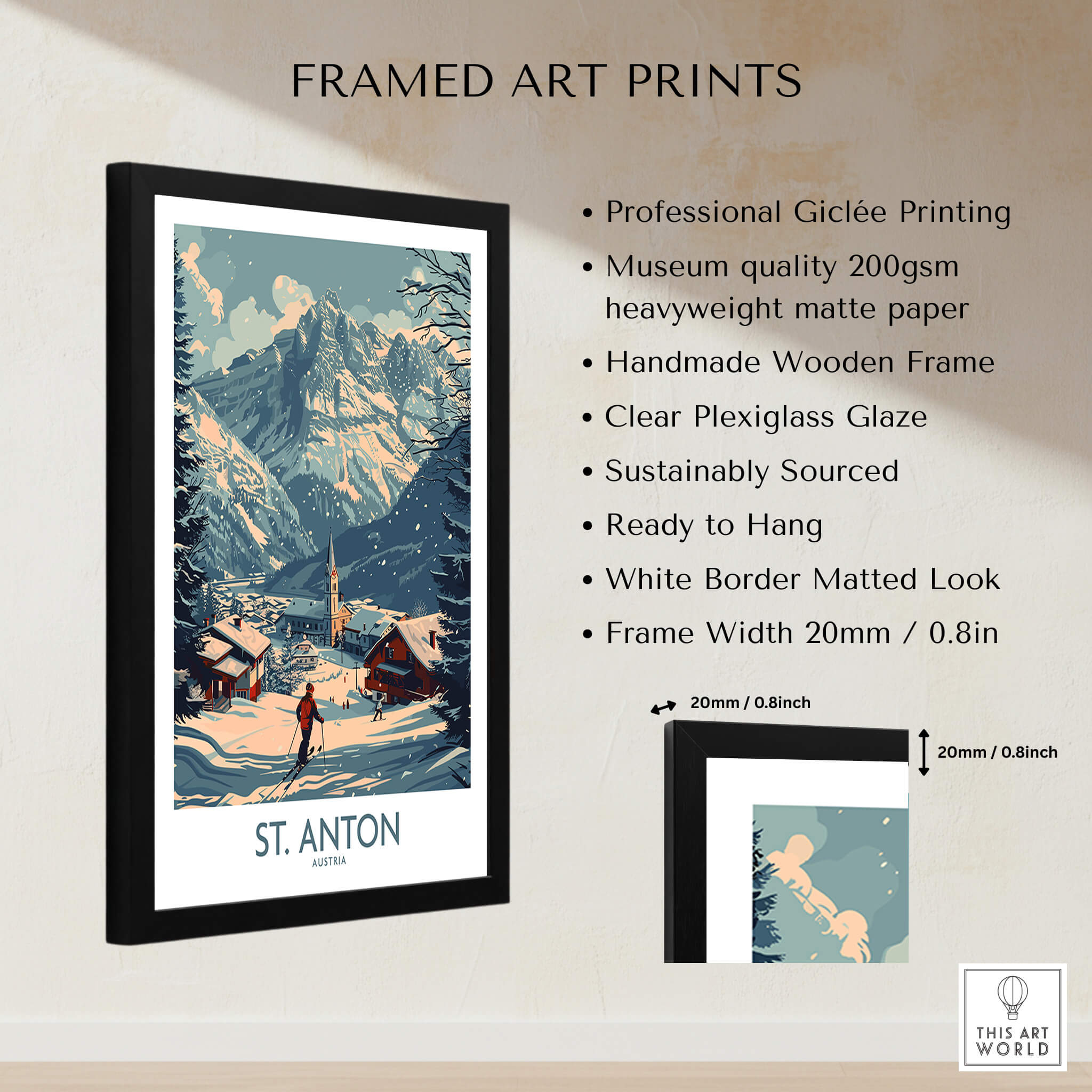 St. Anton Poster Austria framed art print showcasing the stunning St. Anton landscape, perfect for decor and ski lovers.