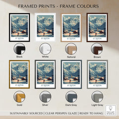 St. Anton Poster Austria framed print options in various colors including black, white, gold, and natural.