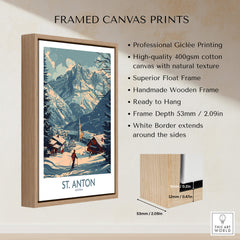 Framed canvas print of St. Anton Poster Austria showcasing stunning mountain landscape and ski village.