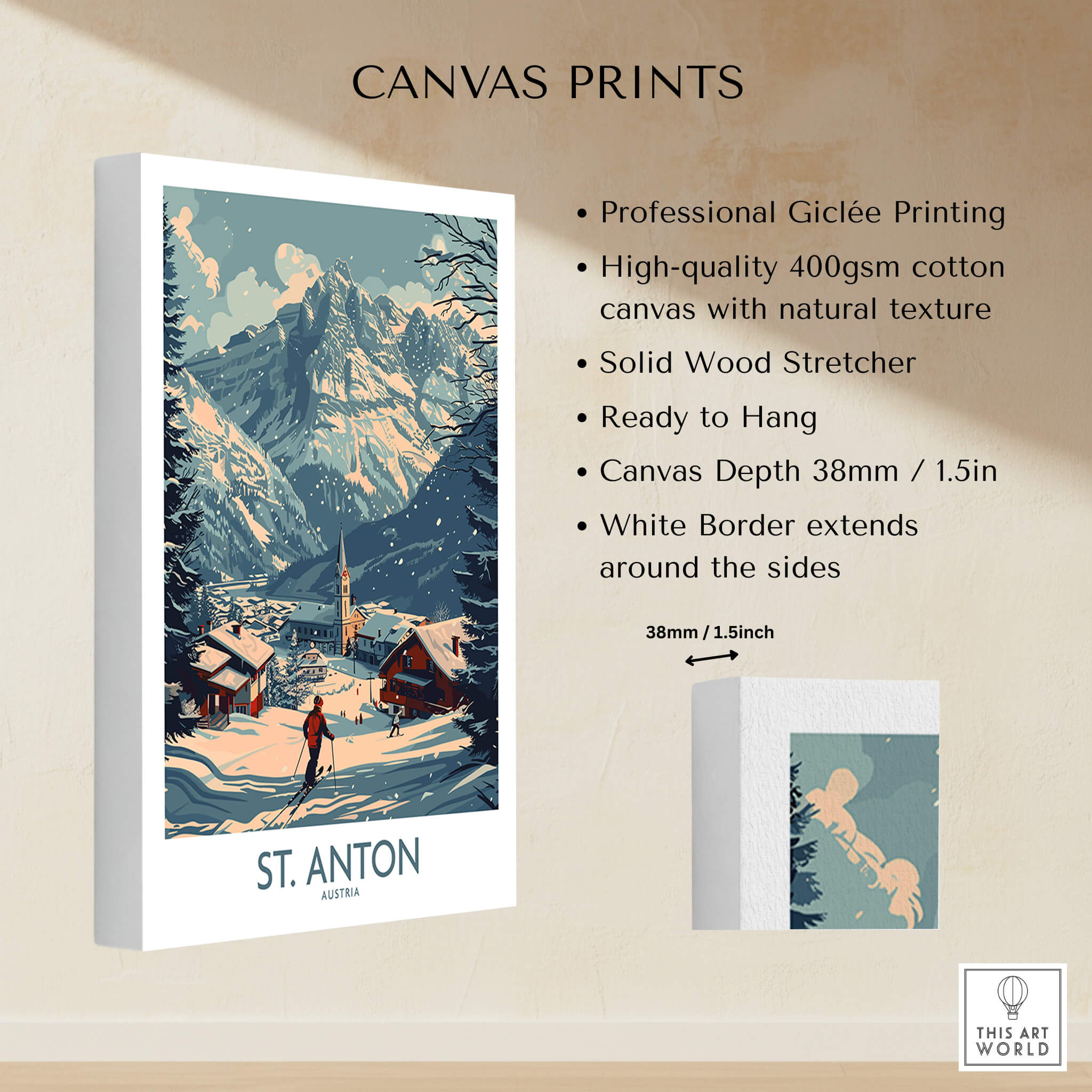 St. Anton Poster Austria featuring beautiful ski landscape, ready to hang canvas print with white border.