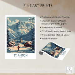 St. Anton Poster Austria featuring stunning landscape for ski lovers and travel enthusiasts, perfect for home decor.