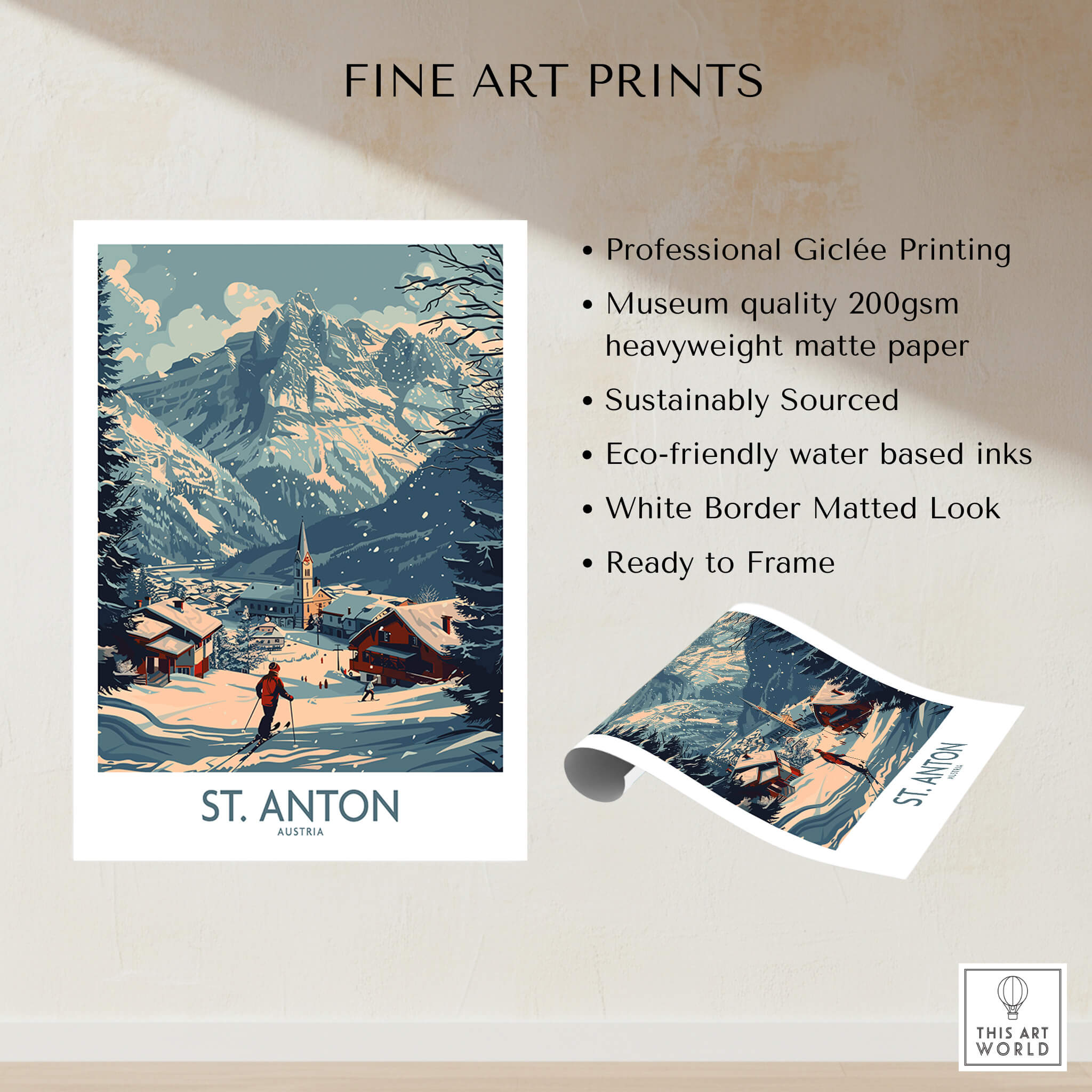 St. Anton Poster Austria featuring stunning landscape for ski lovers and travel enthusiasts, perfect for home decor.