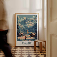 St. Anton Poster Austria displayed in a cozy interior, showcasing the breathtaking St. Anton landscape.