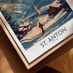 St. Anton Poster Austria showcasing a skier on a snowy slope with the village in the background.