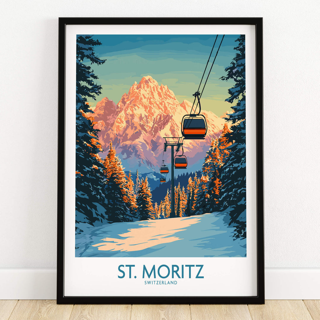 St. Moritz Ski Print -  Switzerland showcasing a scenic cable car ride in the Swiss Alps with vibrant colors.