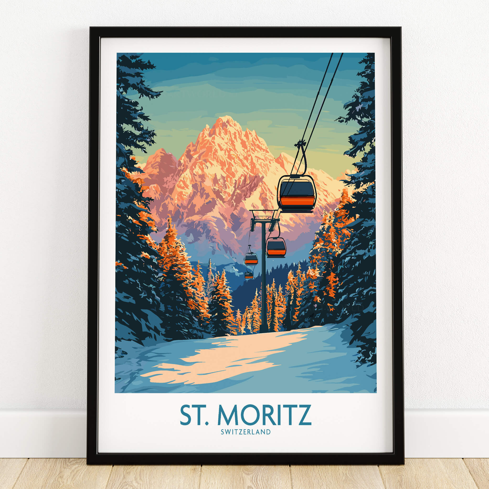 St. Moritz Ski Print -  Switzerland showcasing a scenic cable car ride in the Swiss Alps with vibrant colors.