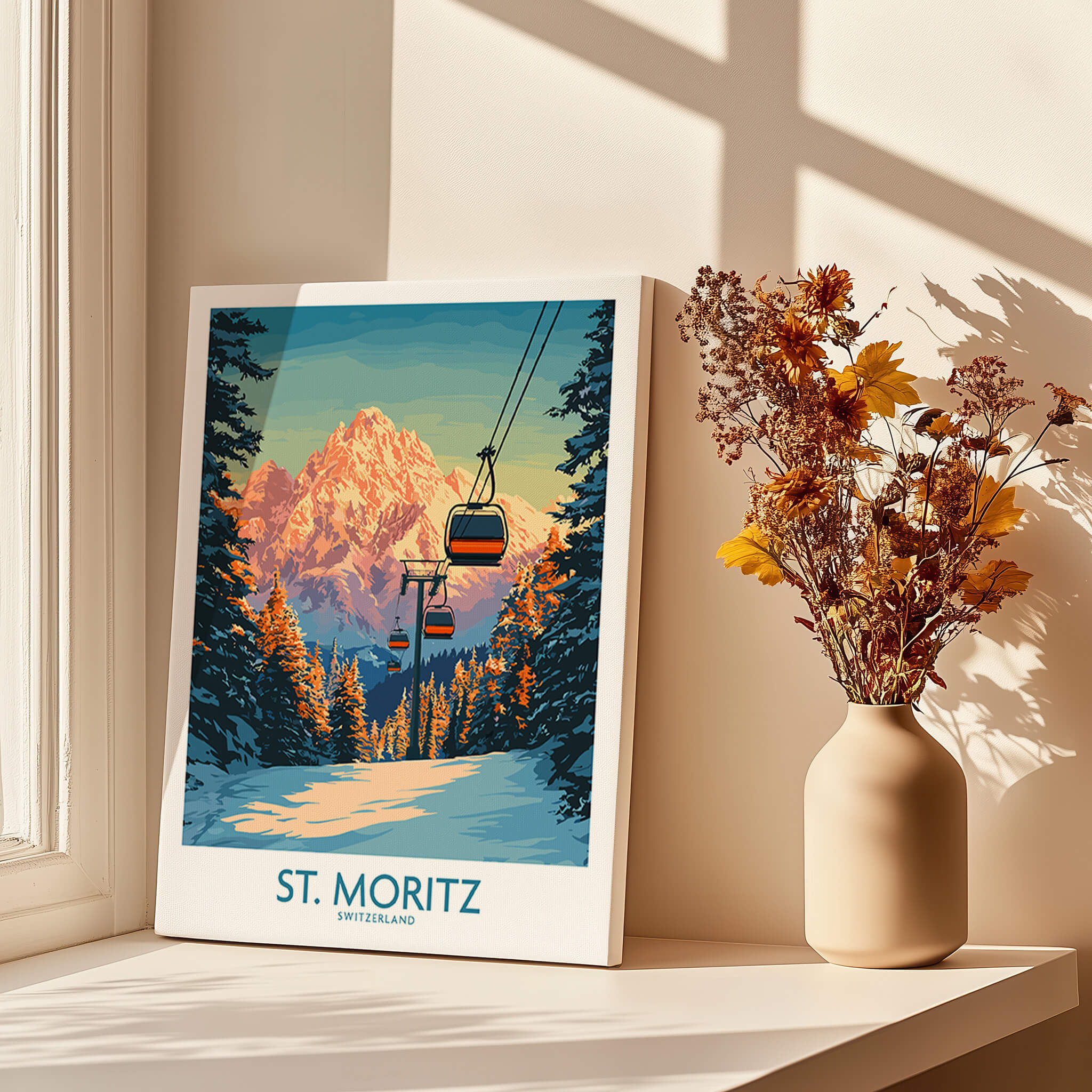 St. Moritz Ski Print - Switzerland featuring cable cars and stunning Swiss Alps scenery.