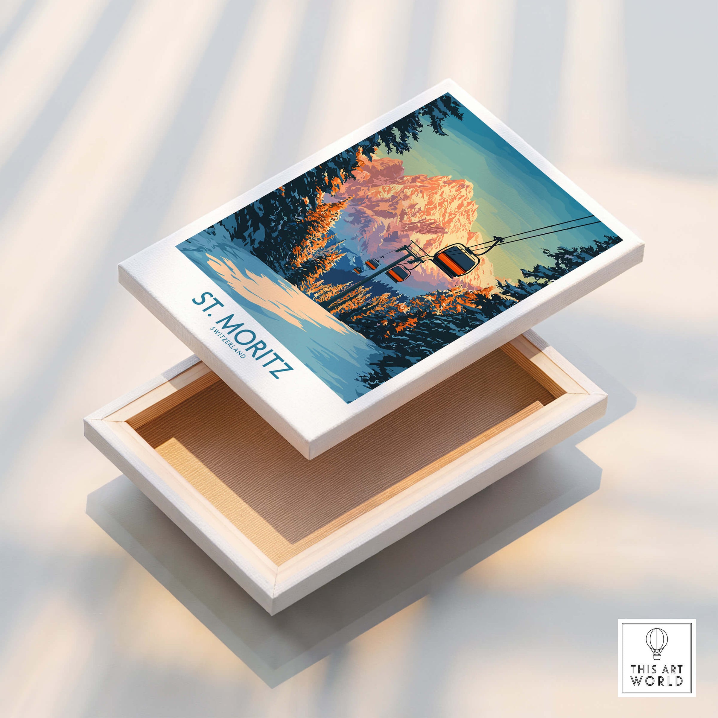 St. Moritz Ski Print - Switzerland on a decorative box showcasing the Swiss Alps and ski lift, perfect for wall art.