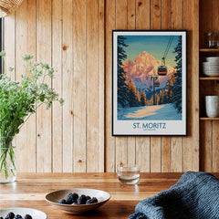 St. Moritz Ski Print - Switzerland showcased in a cozy setting with wooden decor and fresh flowers.