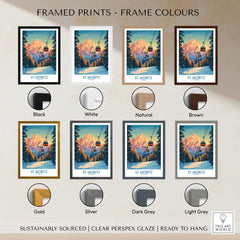 Framed prints of St. Moritz Ski Print - Switzerland in various frame colors including black, white, natural, brown, gold, silver, dark grey, light grey.