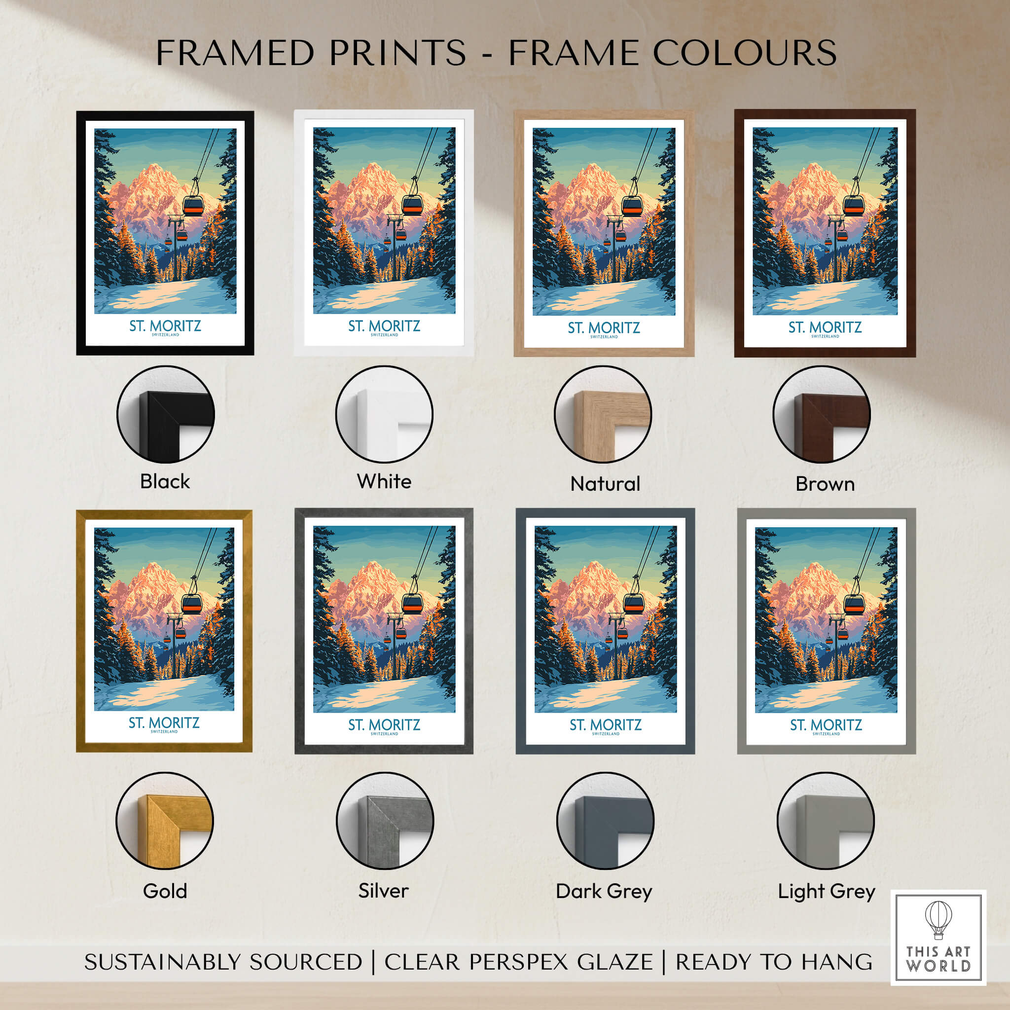 Framed prints of St. Moritz Ski Print - Switzerland in various frame colors including black, white, natural, brown, gold, silver, dark grey, light grey.