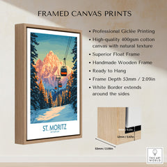 St. Moritz Ski Print - Switzerland framed canvas art featuring Swiss Alps and ski lift illustration.