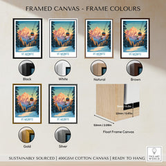Framed options for St. Moritz Ski Print - Switzerland in various colors including black, white, natural, brown, gold, and silver.