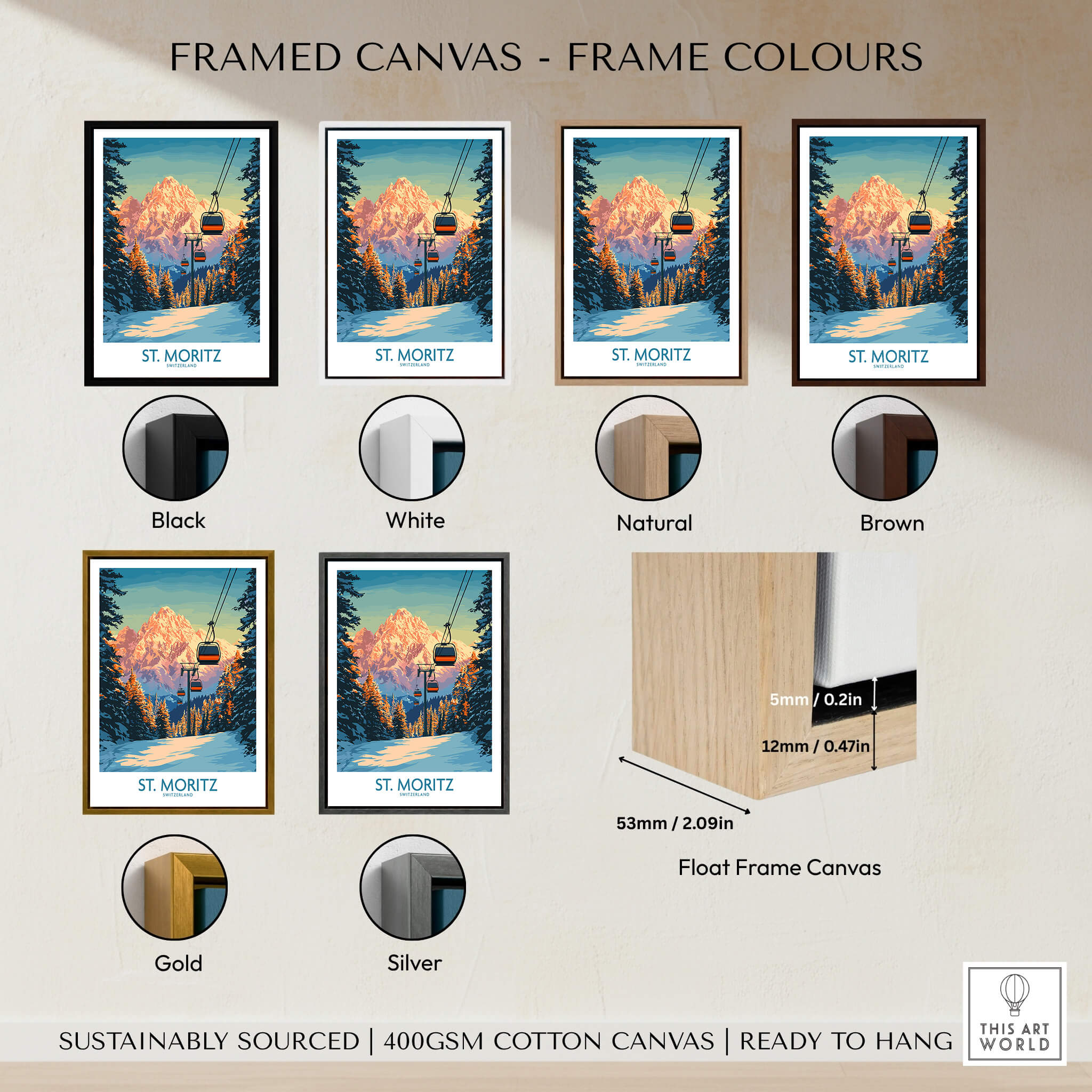 Framed options for St. Moritz Ski Print - Switzerland in various colors including black, white, natural, brown, gold, and silver.