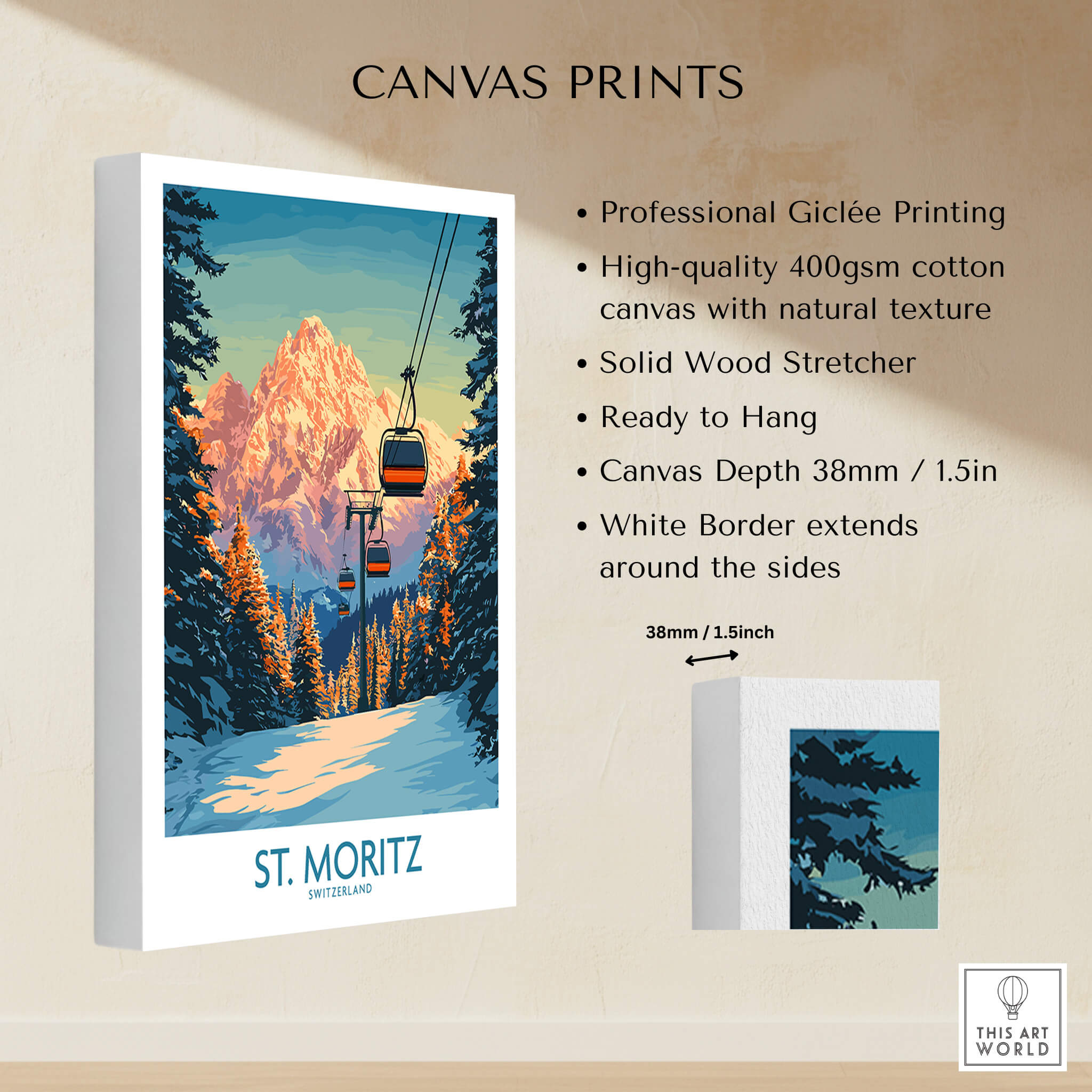 St. Moritz Ski Print - Switzerland showcasing a stunning mountain landscape and ski lift in vibrant colors.