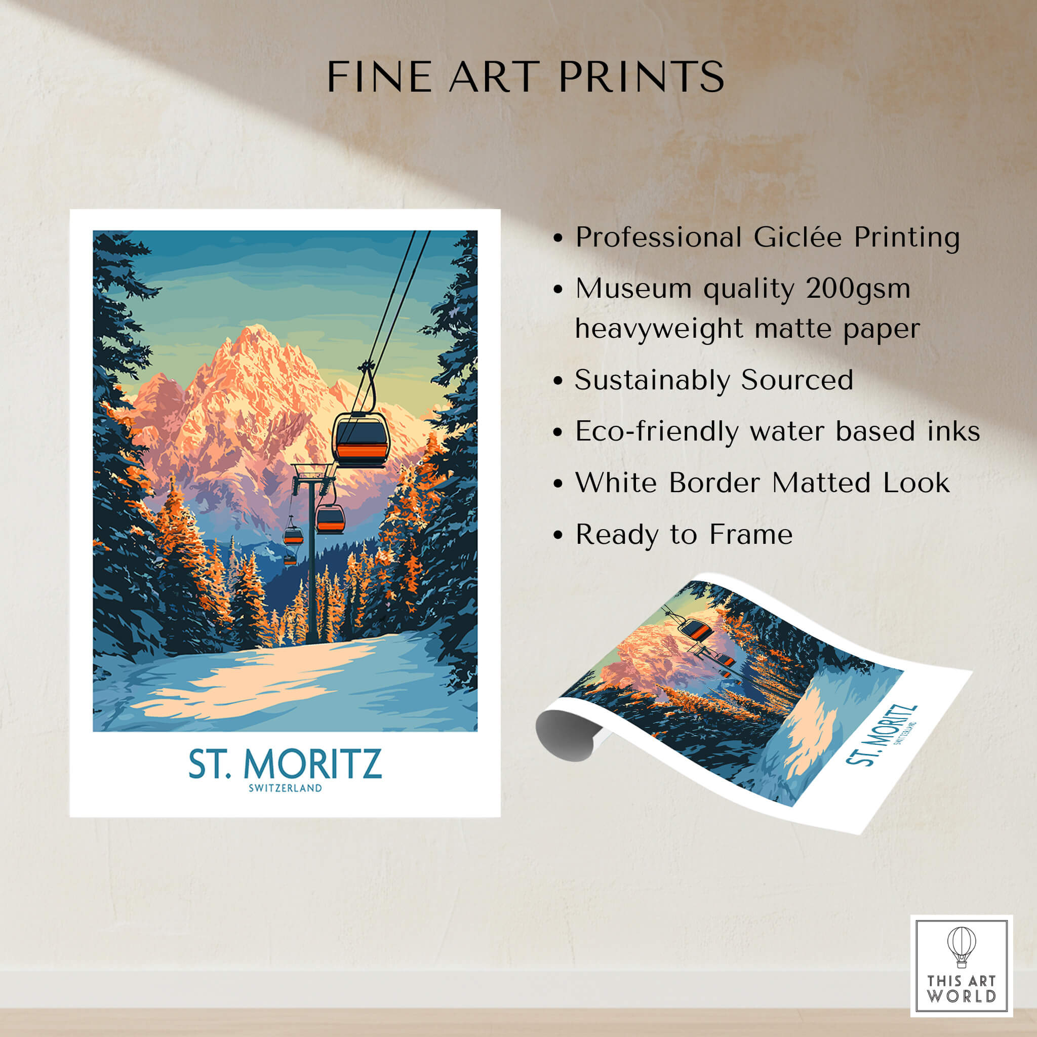 St. Moritz Ski Print - Switzerland showcasing professional Giclée printing with stunning Swiss Alps view.