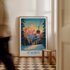 St. Moritz Ski Print - Switzerland featuring a beautiful mountain view and ski lift in a cozy interior setting.