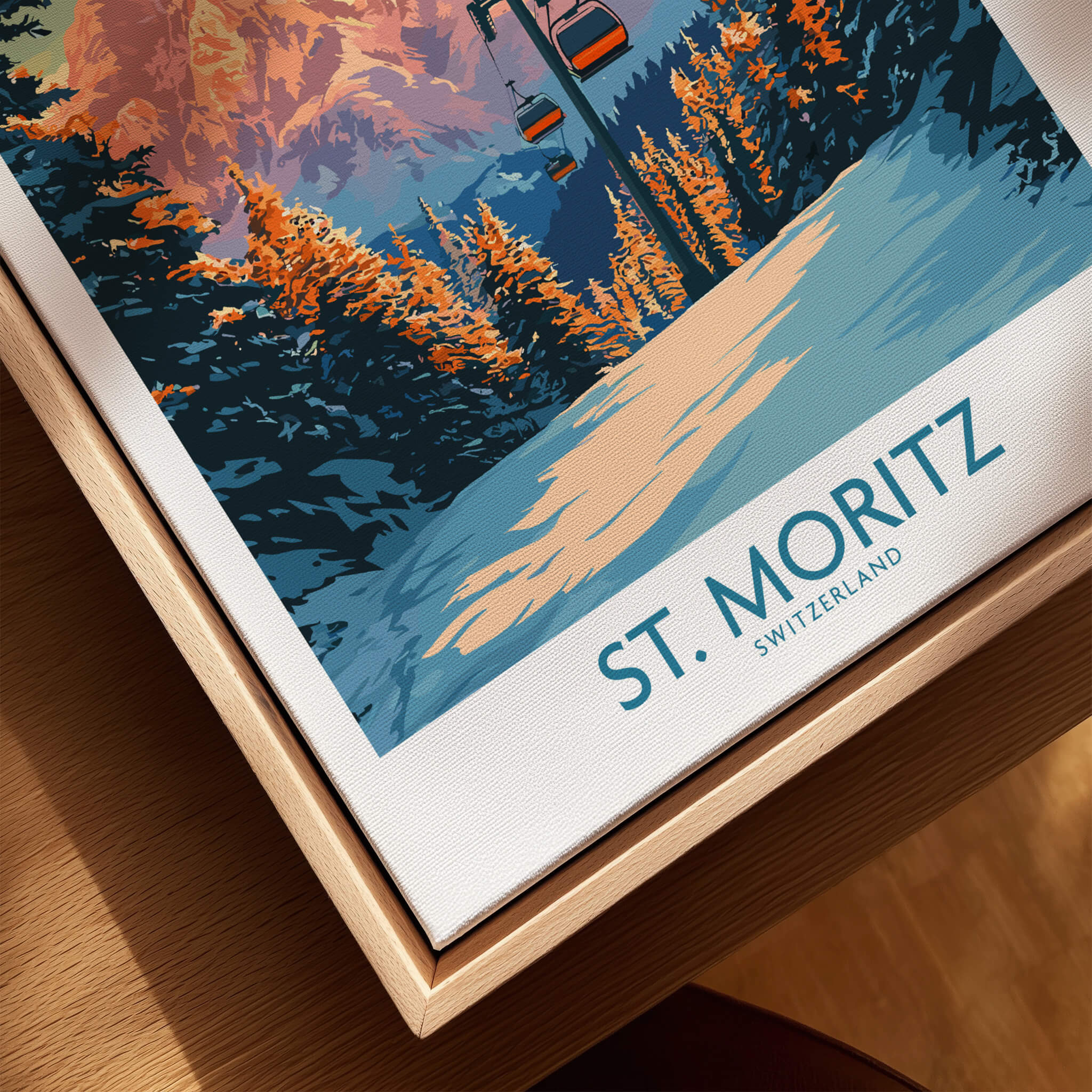 St. Moritz Ski Print - Switzerland featuring ski scenery and vibrant colors in a framed art piece.