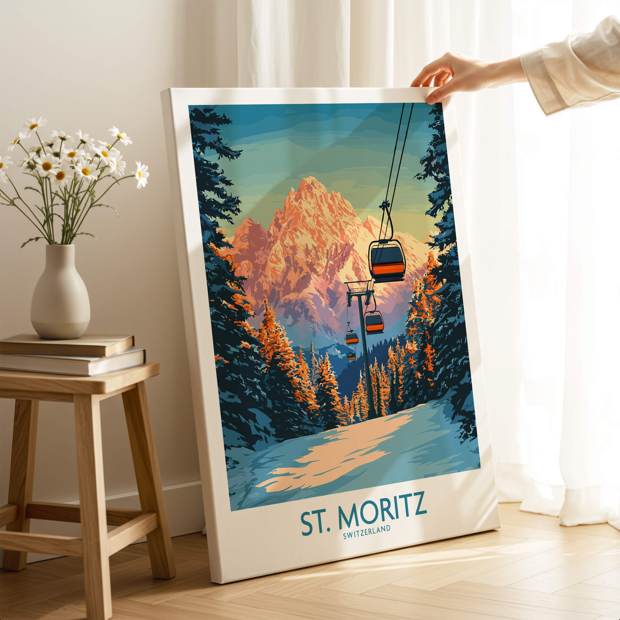 St. Moritz Ski Print - Switzerland featuring a cable car and Swiss Alps landscape.