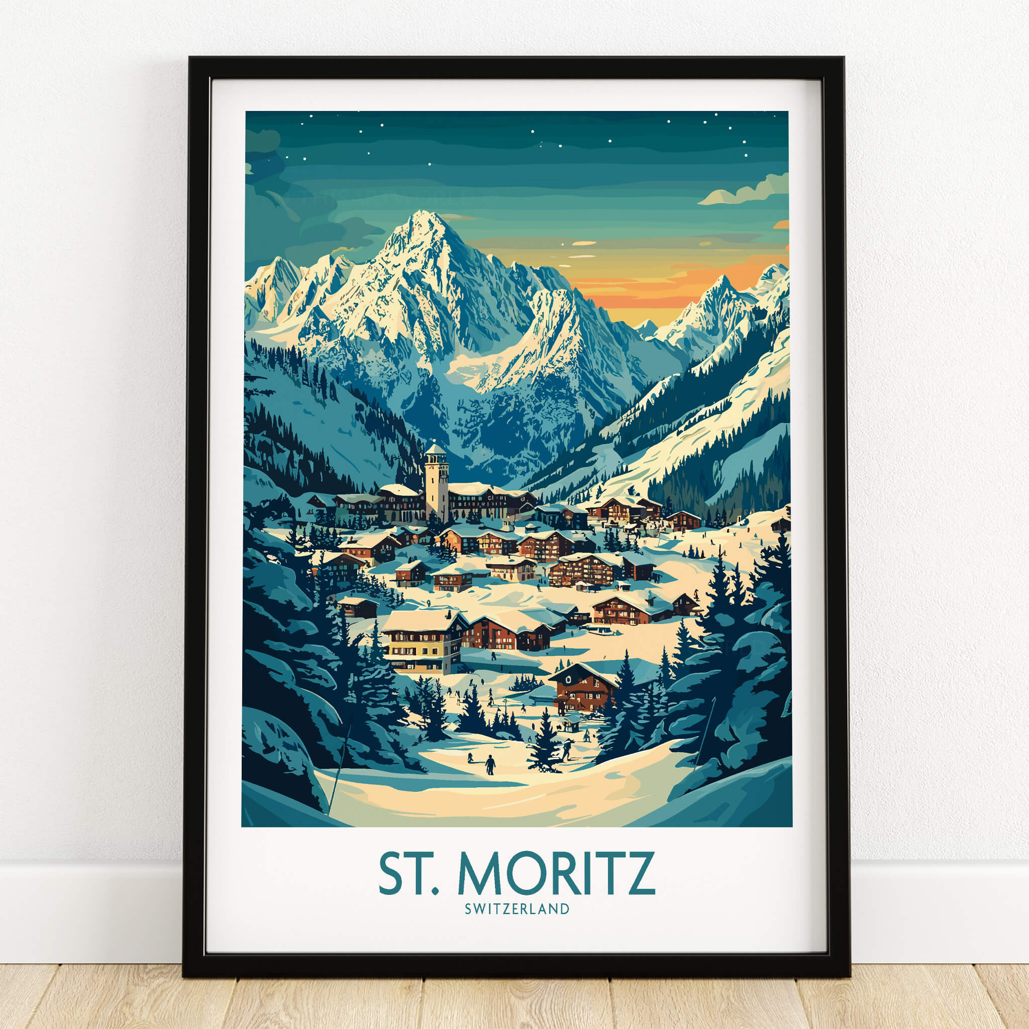 St Moritz Wall Art Print - Switzerland showcasing a scenic view of the Swiss Alps and St Moritz village.