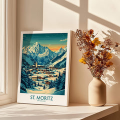 St Moritz Wall Art Print - Switzerland showcasing a scenic Swiss landscape with mountains and a village.
