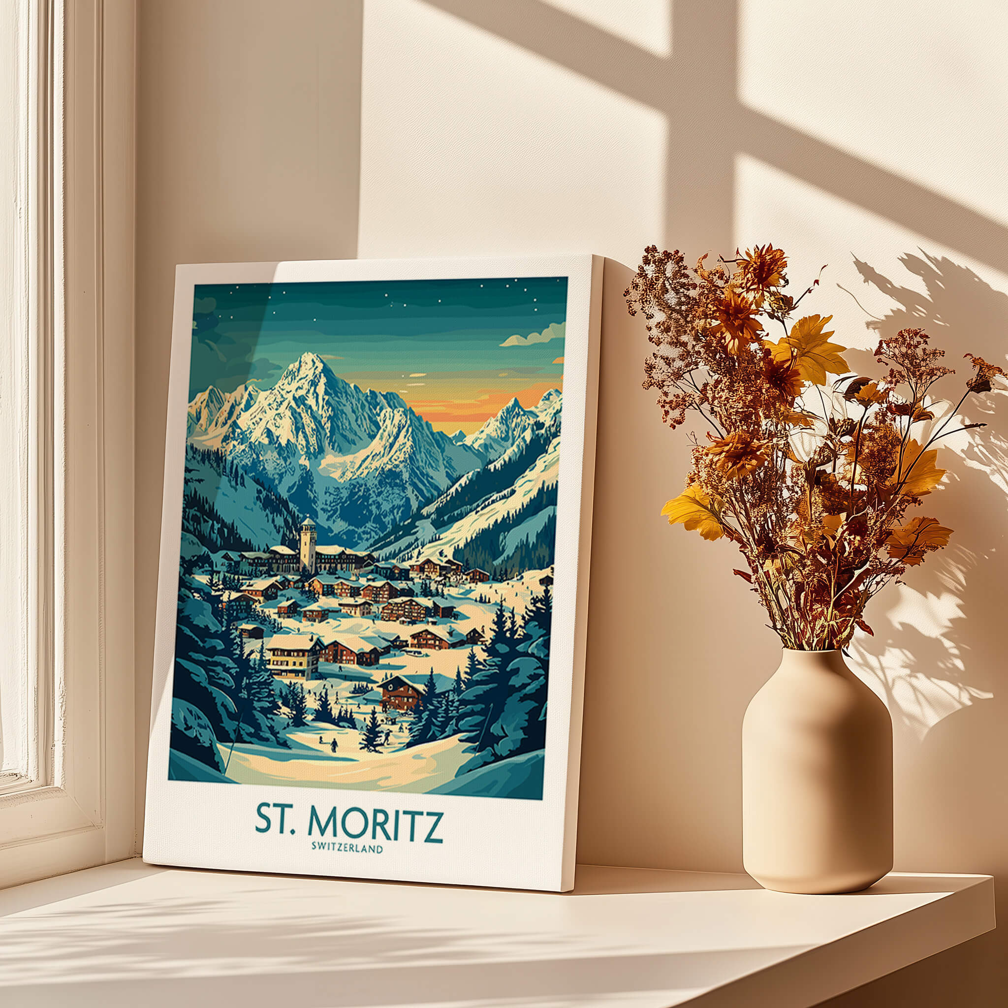 St Moritz Wall Art Print - Switzerland showcasing a scenic Swiss landscape with mountains and a village.